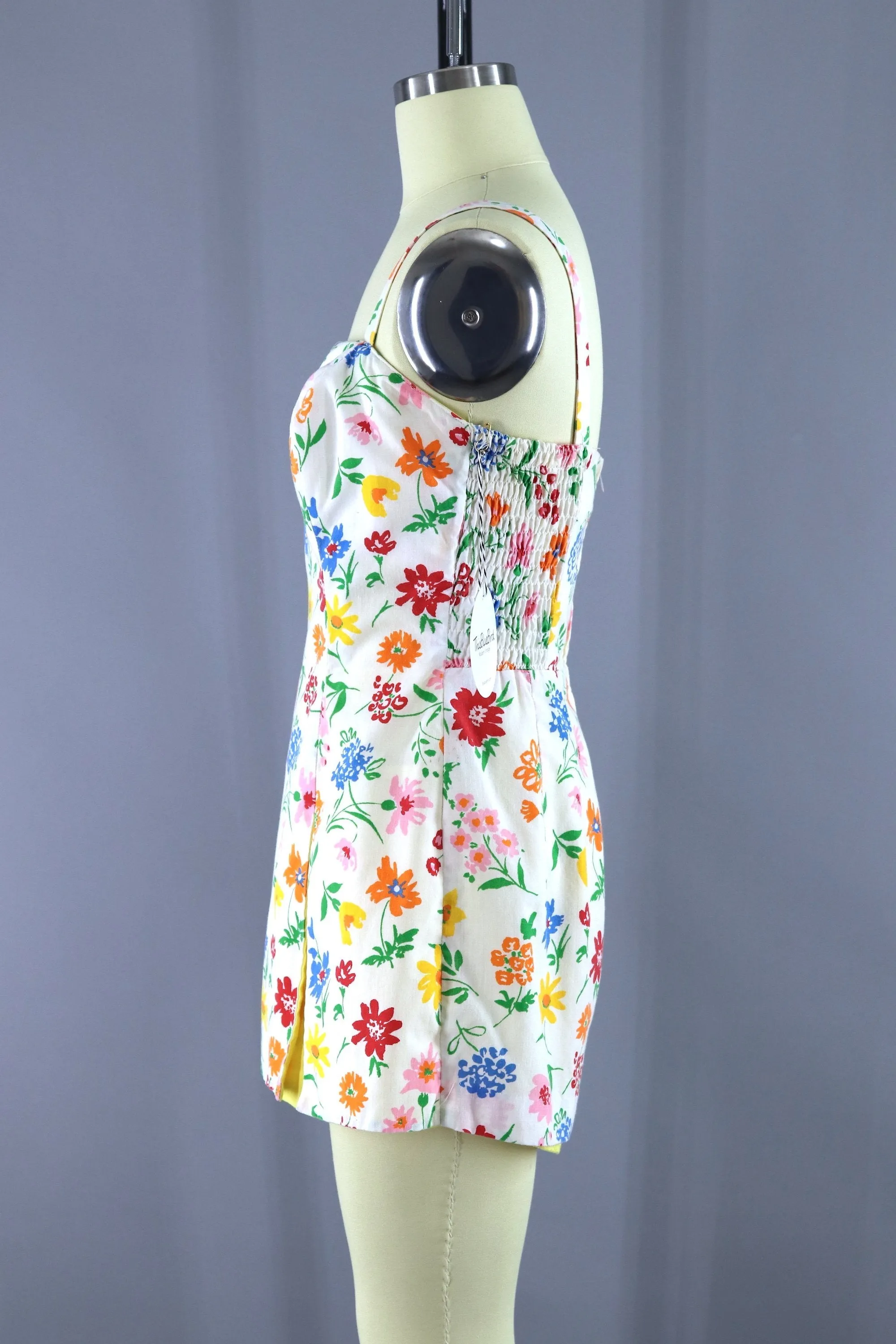 Vintage 1980s Romper Playsuit / White Floral Print Swimsuit