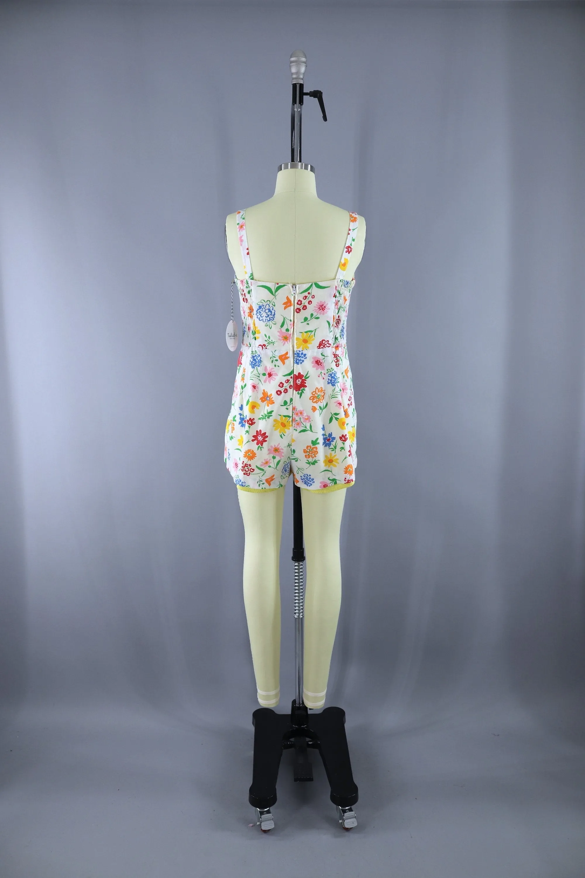 Vintage 1980s Romper Playsuit / White Floral Print Swimsuit