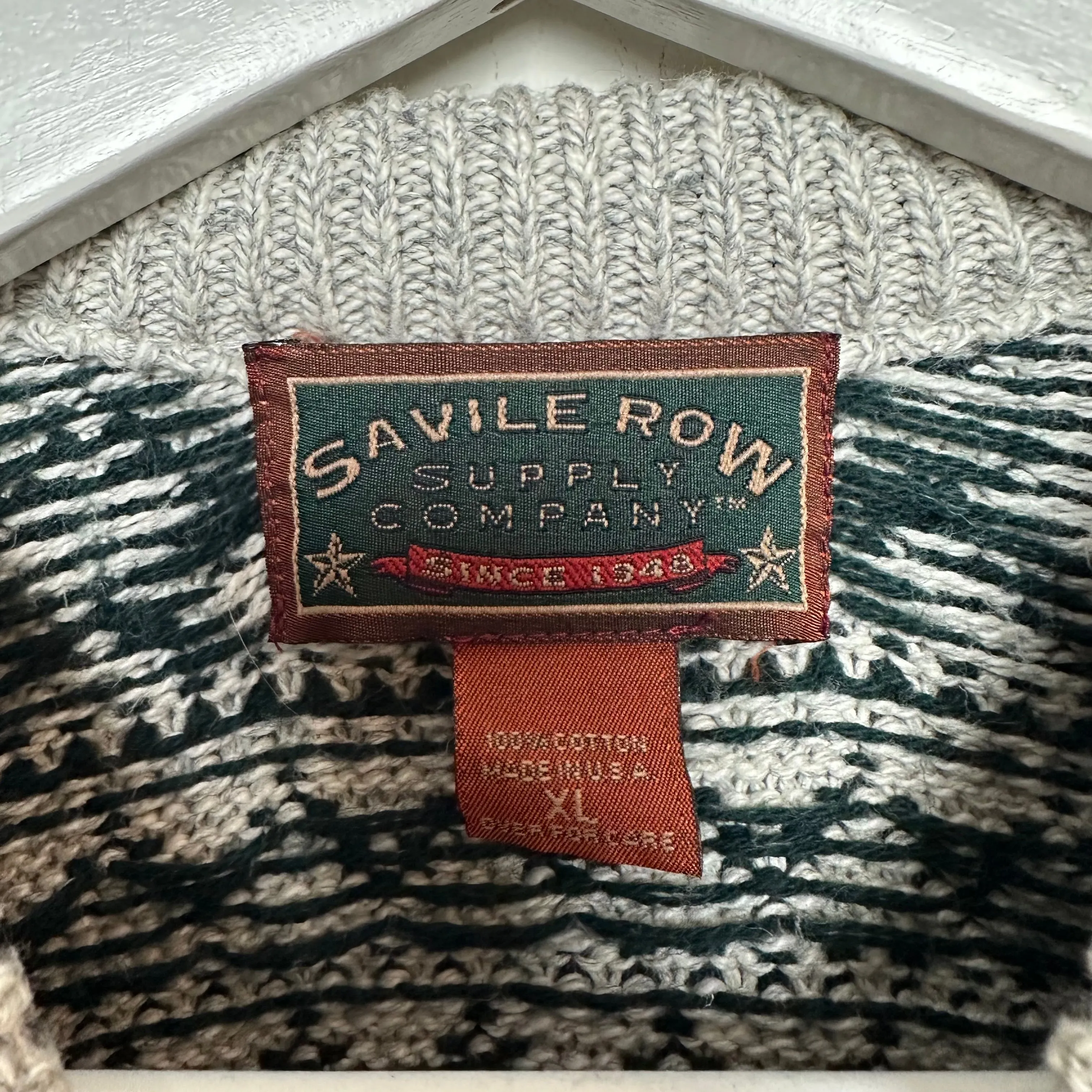 Vintage 90s Savile Row Grandpa Sweater Chunky Knit Cotton USA Green Gray XL