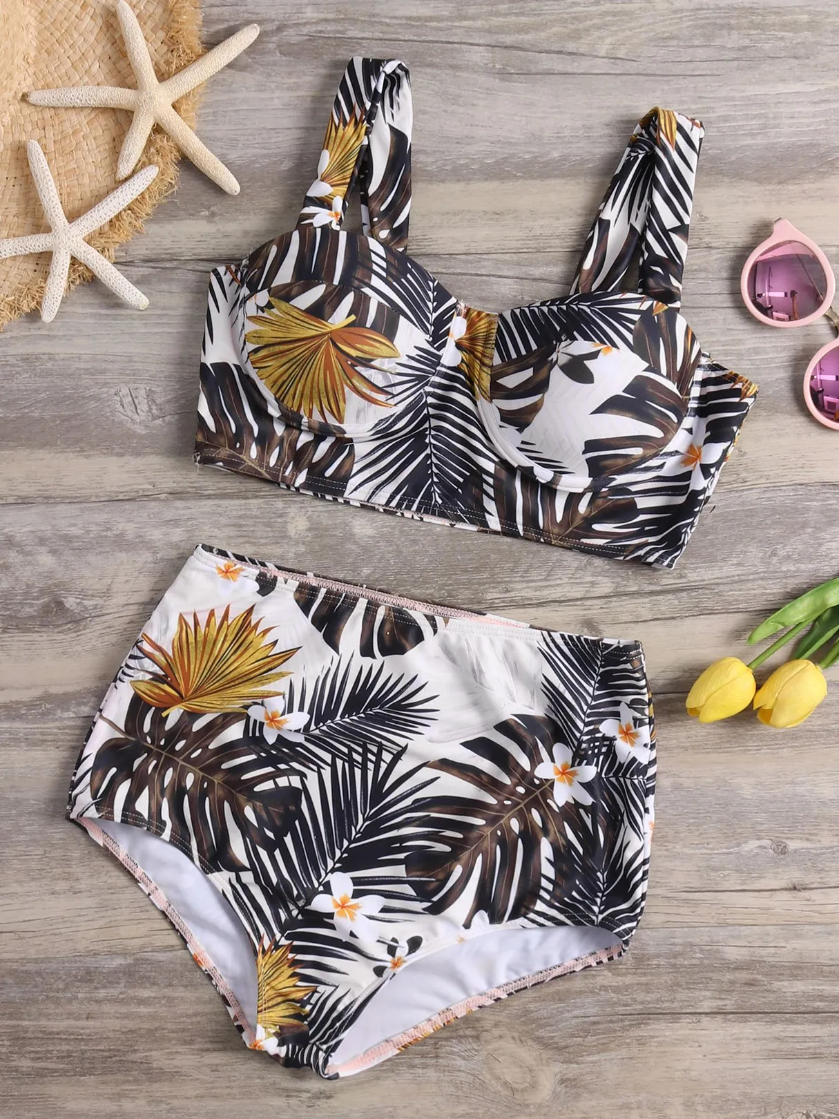 Wholesale Sleeveless Floral Print High-Waisted Bikini Set