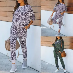 Women Leopard Print Tie Dye 2 Piece Pajamas V-Neck Long Sleeve Drawstring Pants Pockets
