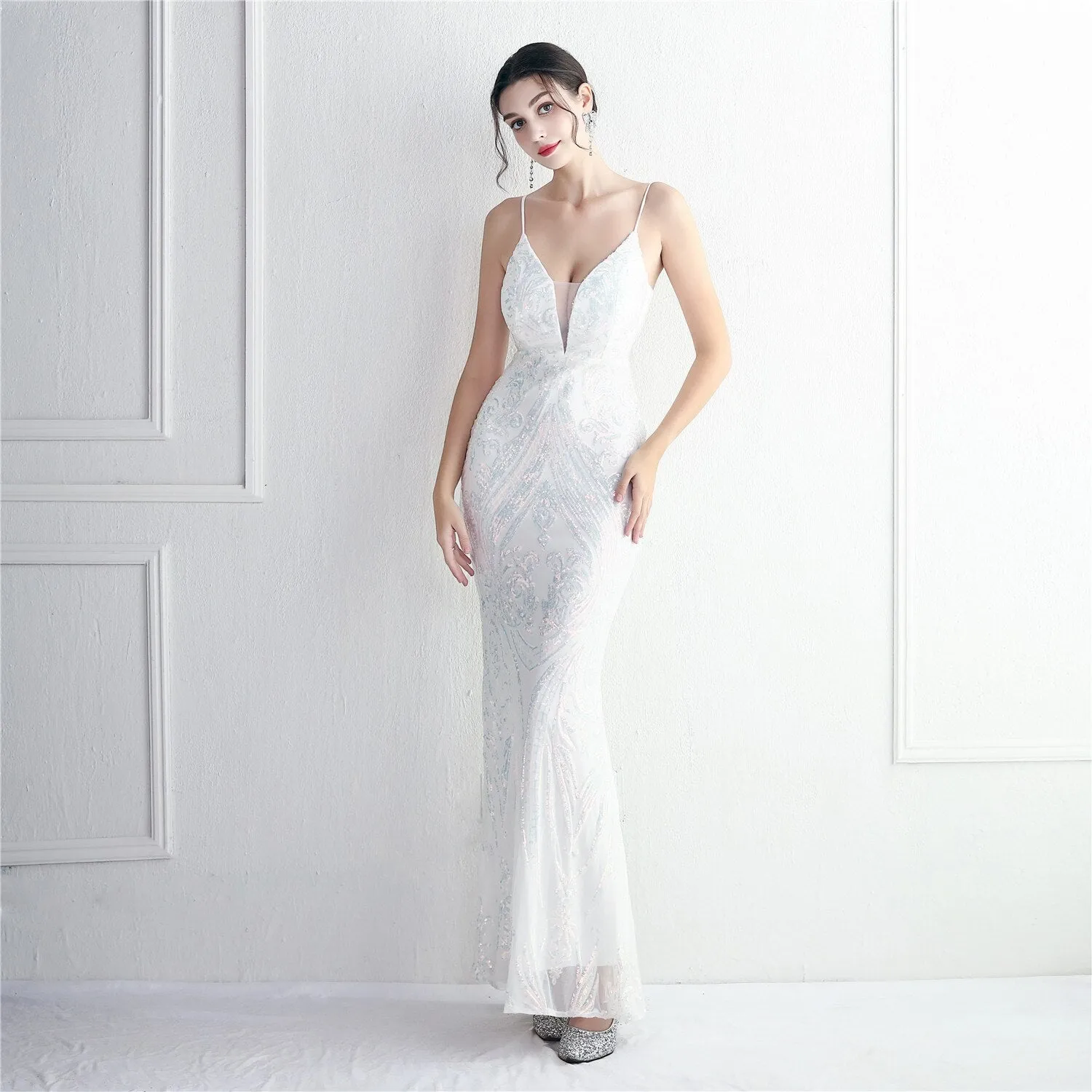 Women Silver Strap Sequin Dress Party Maxi Dress Sexy V Neck Evening Dress Long Prom Dress