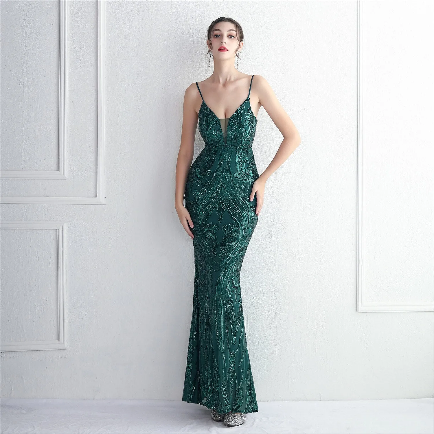 Women Silver Strap Sequin Dress Party Maxi Dress Sexy V Neck Evening Dress Long Prom Dress