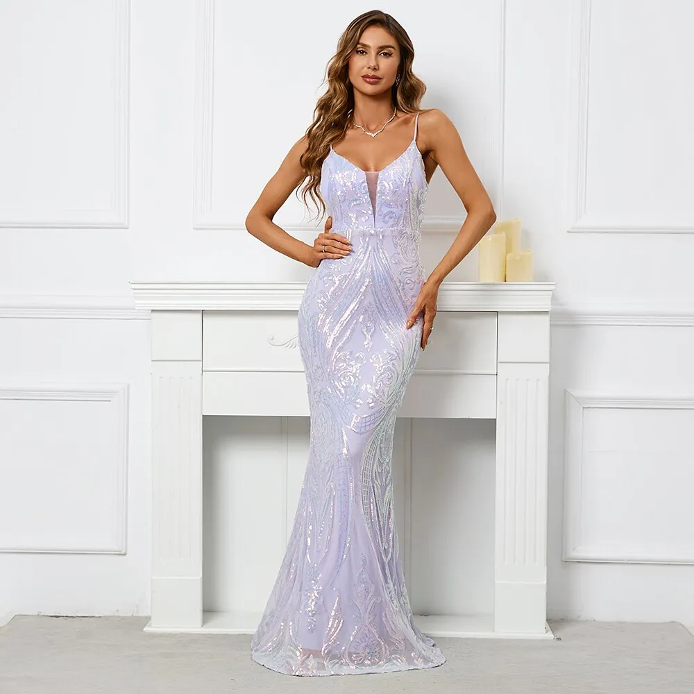 Women Silver Strap Sequin Dress Party Maxi Dress Sexy V Neck Evening Dress Long Prom Dress
