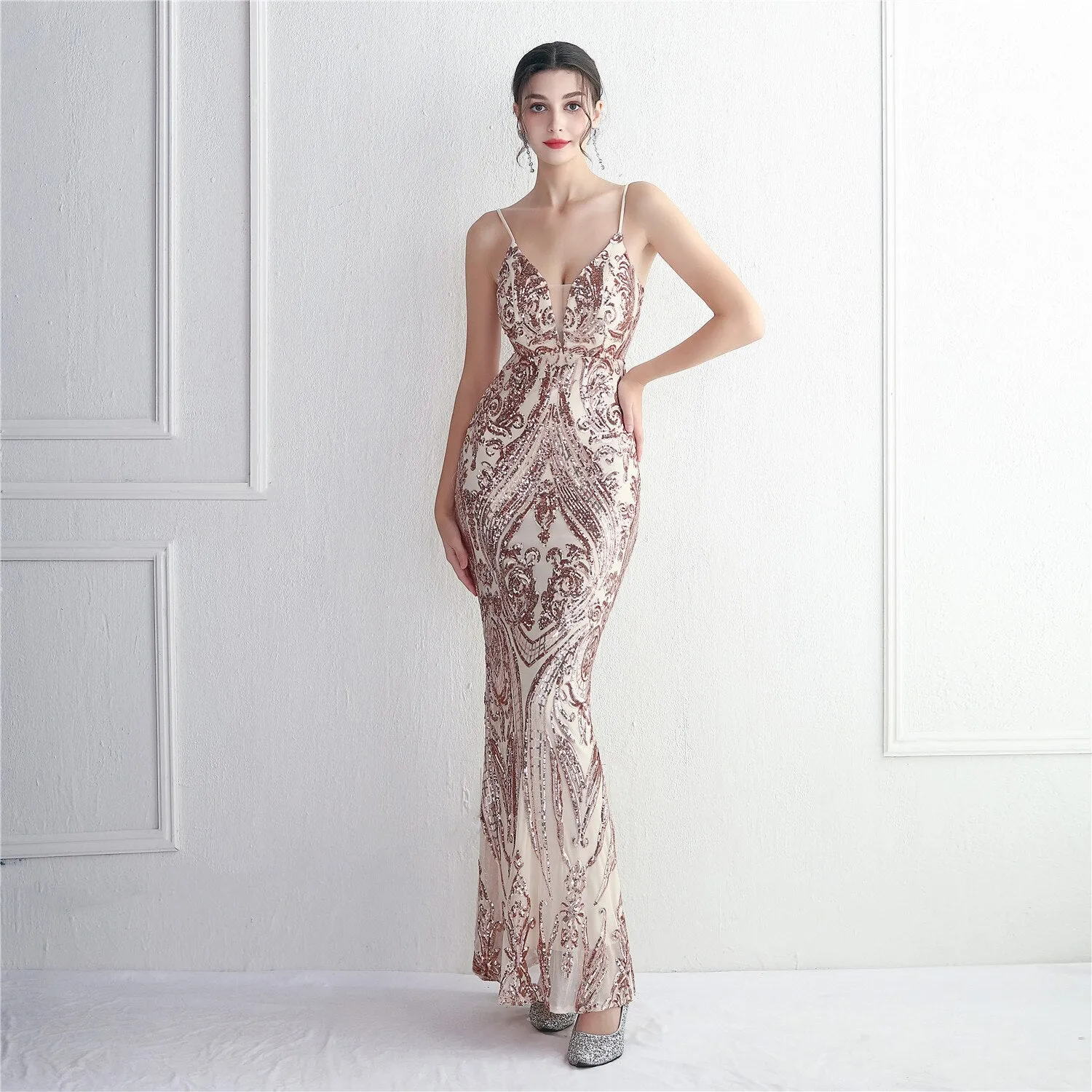 Women Silver Strap Sequin Dress Party Maxi Dress Sexy V Neck Evening Dress Long Prom Dress