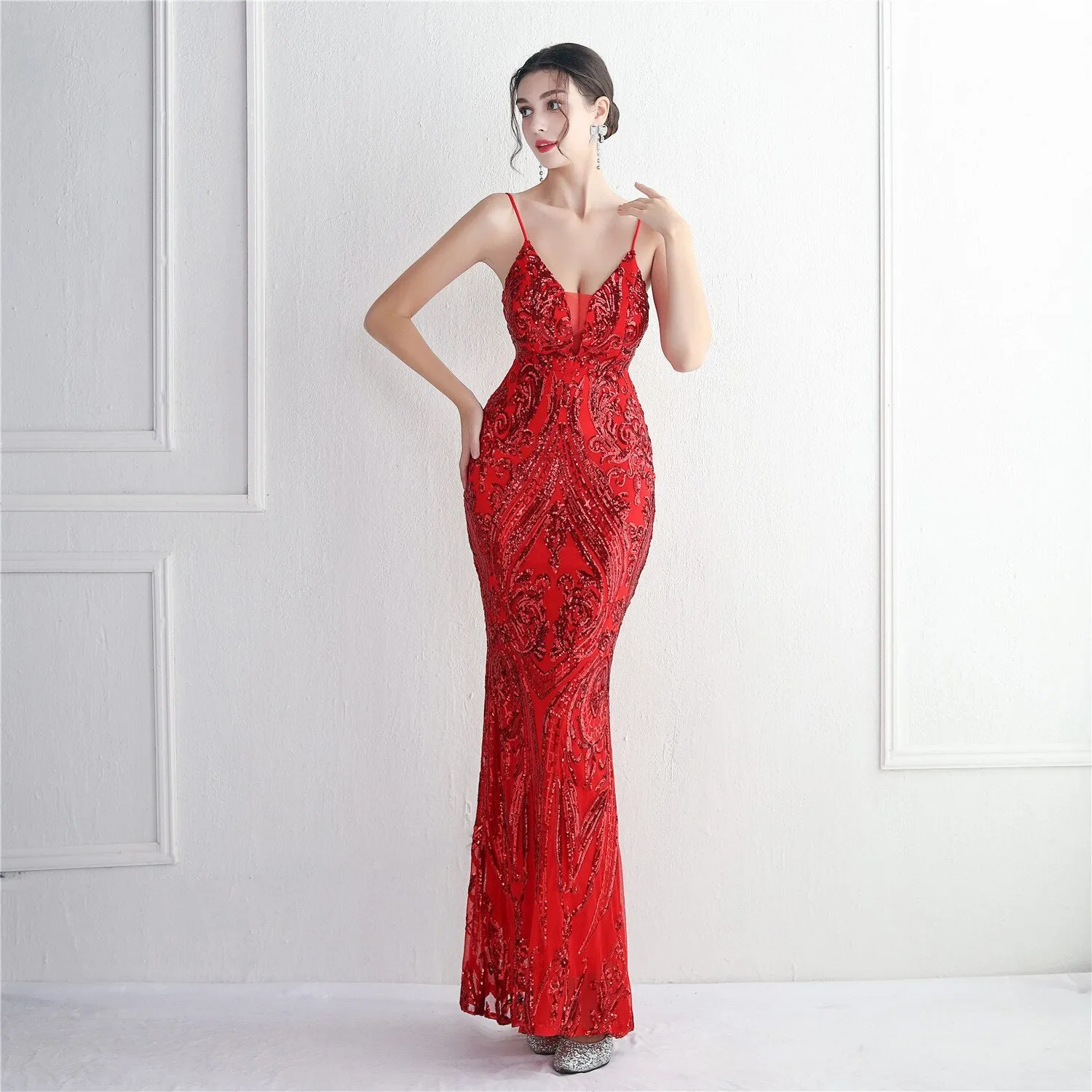 Women Silver Strap Sequin Dress Party Maxi Dress Sexy V Neck Evening Dress Long Prom Dress