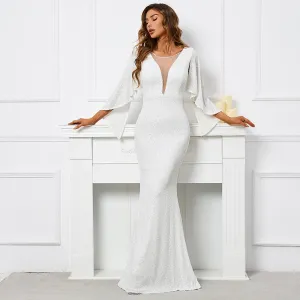 Women White Sequin Dress Long Prom Dress V Neck Evening Dress Elegant Party Maxi Dress