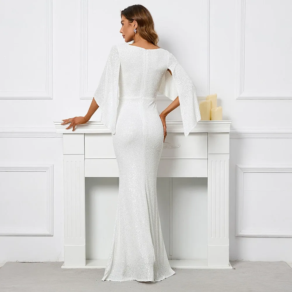 Women White Sequin Dress Long Prom Dress V Neck Evening Dress Elegant Party Maxi Dress