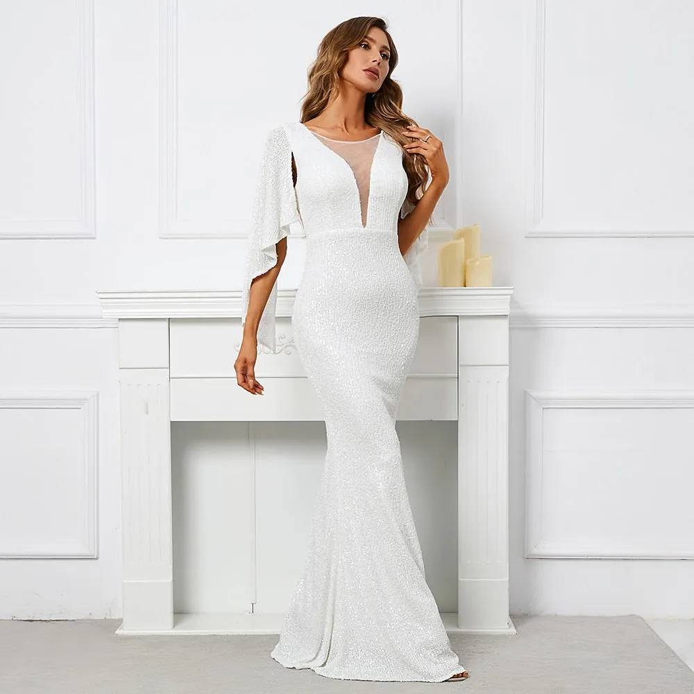 Women White Sequin Dress Long Prom Dress V Neck Evening Dress Elegant Party Maxi Dress