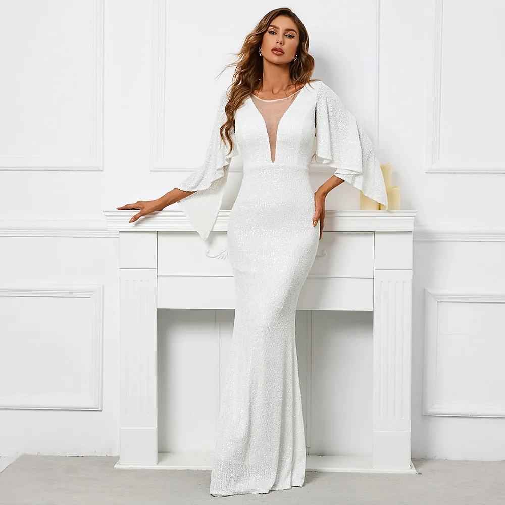 Women White Sequin Dress Long Prom Dress V Neck Evening Dress Elegant Party Maxi Dress