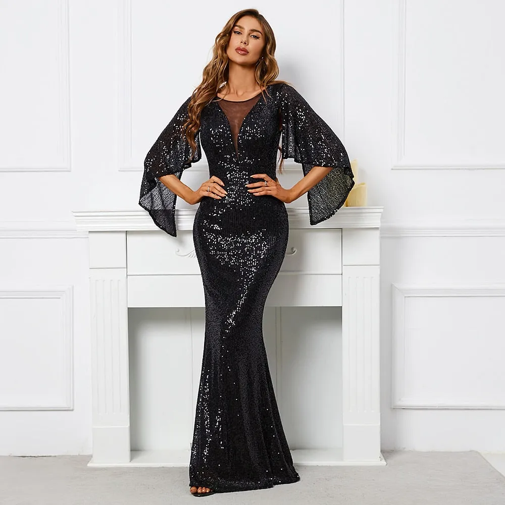 Women White Sequin Dress Long Prom Dress V Neck Evening Dress Elegant Party Maxi Dress