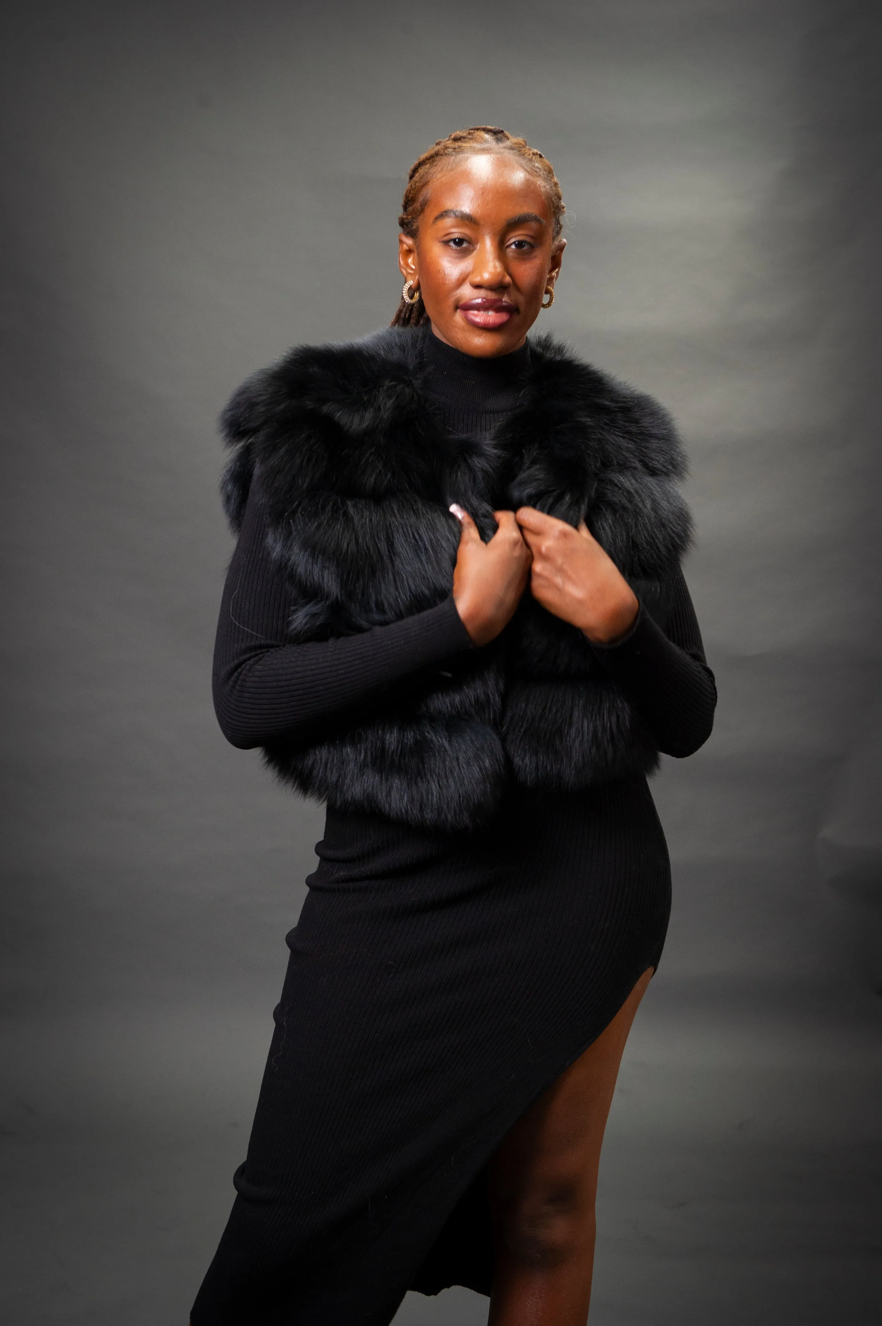 Women's Full Length Convertible Fox Trench Coat [Black]