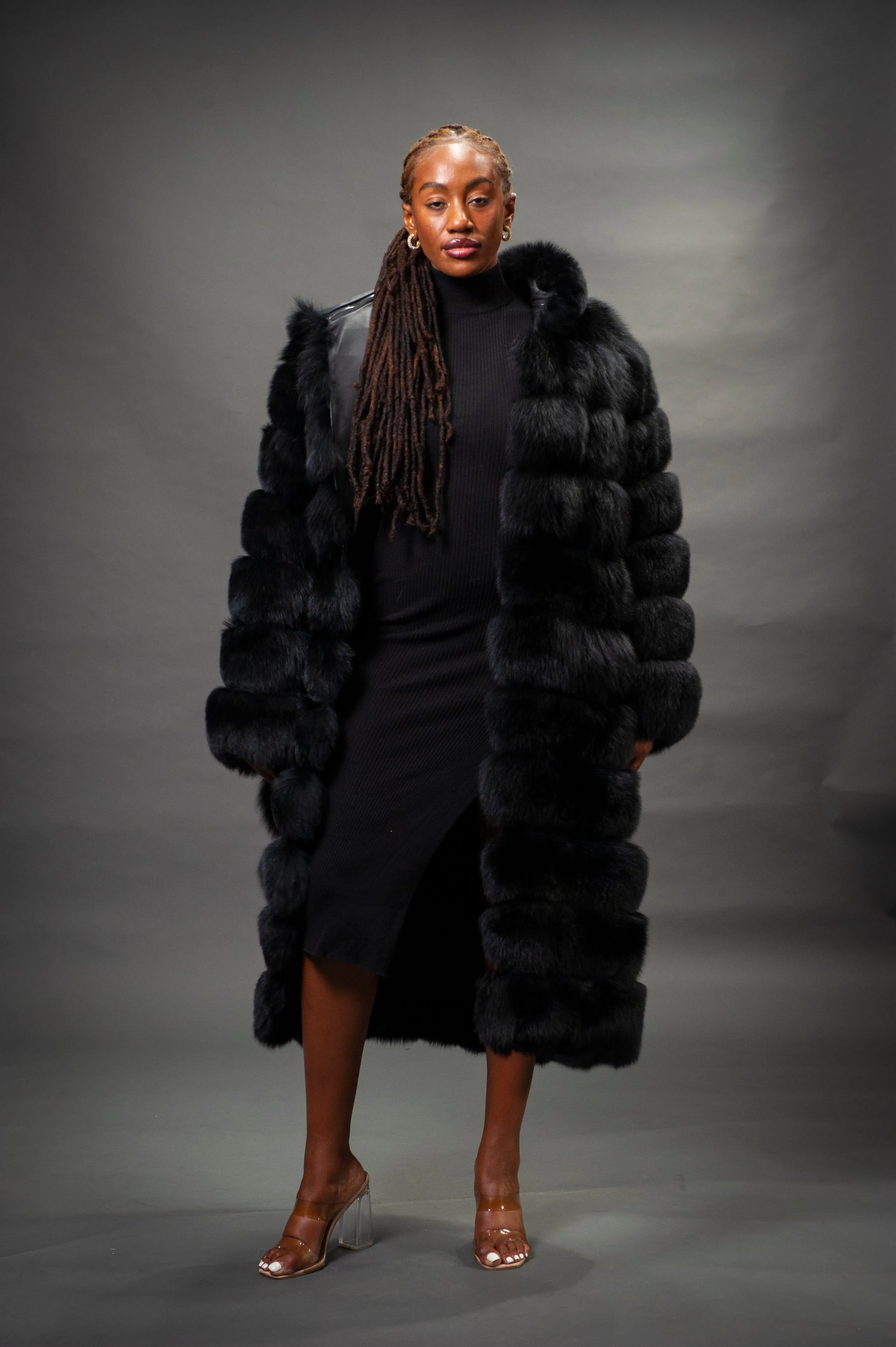 Women's Full Length Convertible Fox Trench Coat [Black]