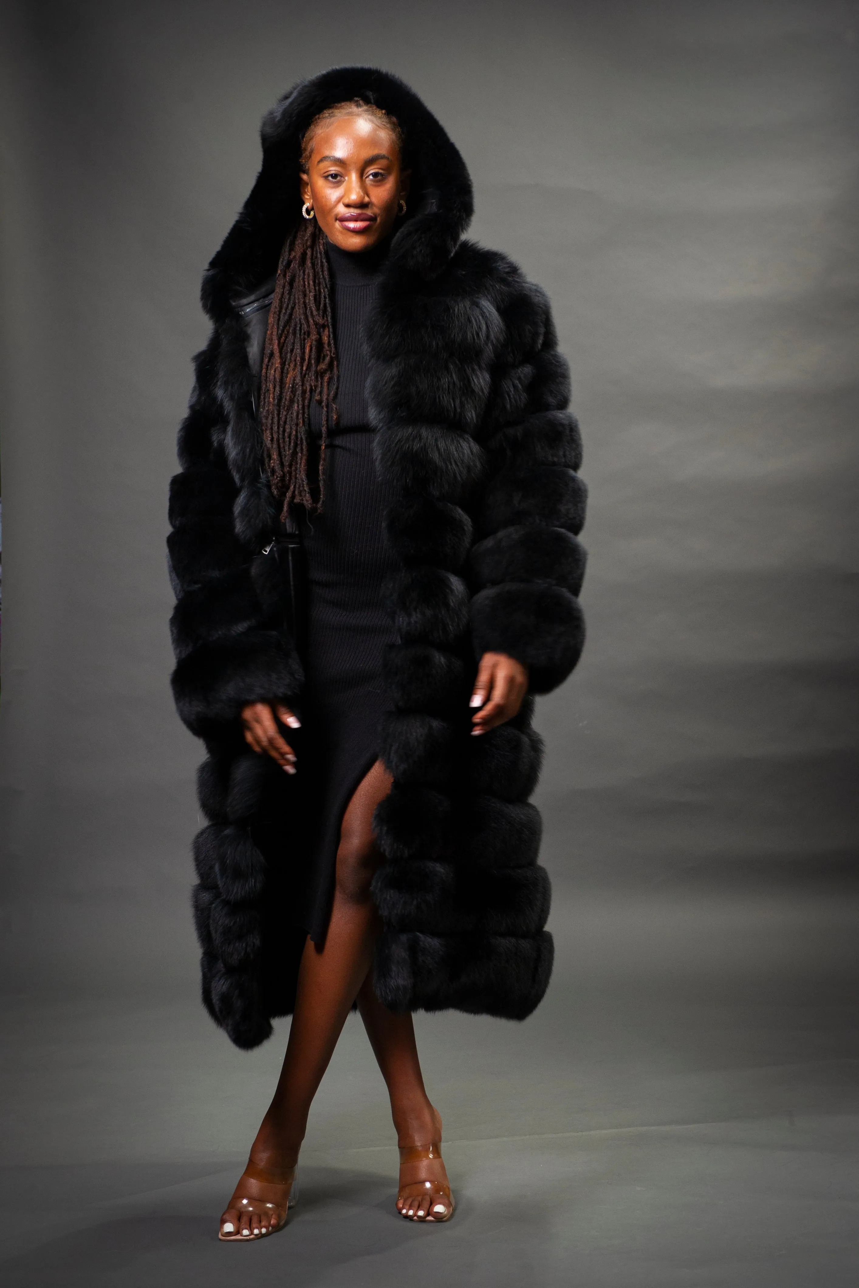Women's Full Length Convertible Fox Trench Coat [Black]
