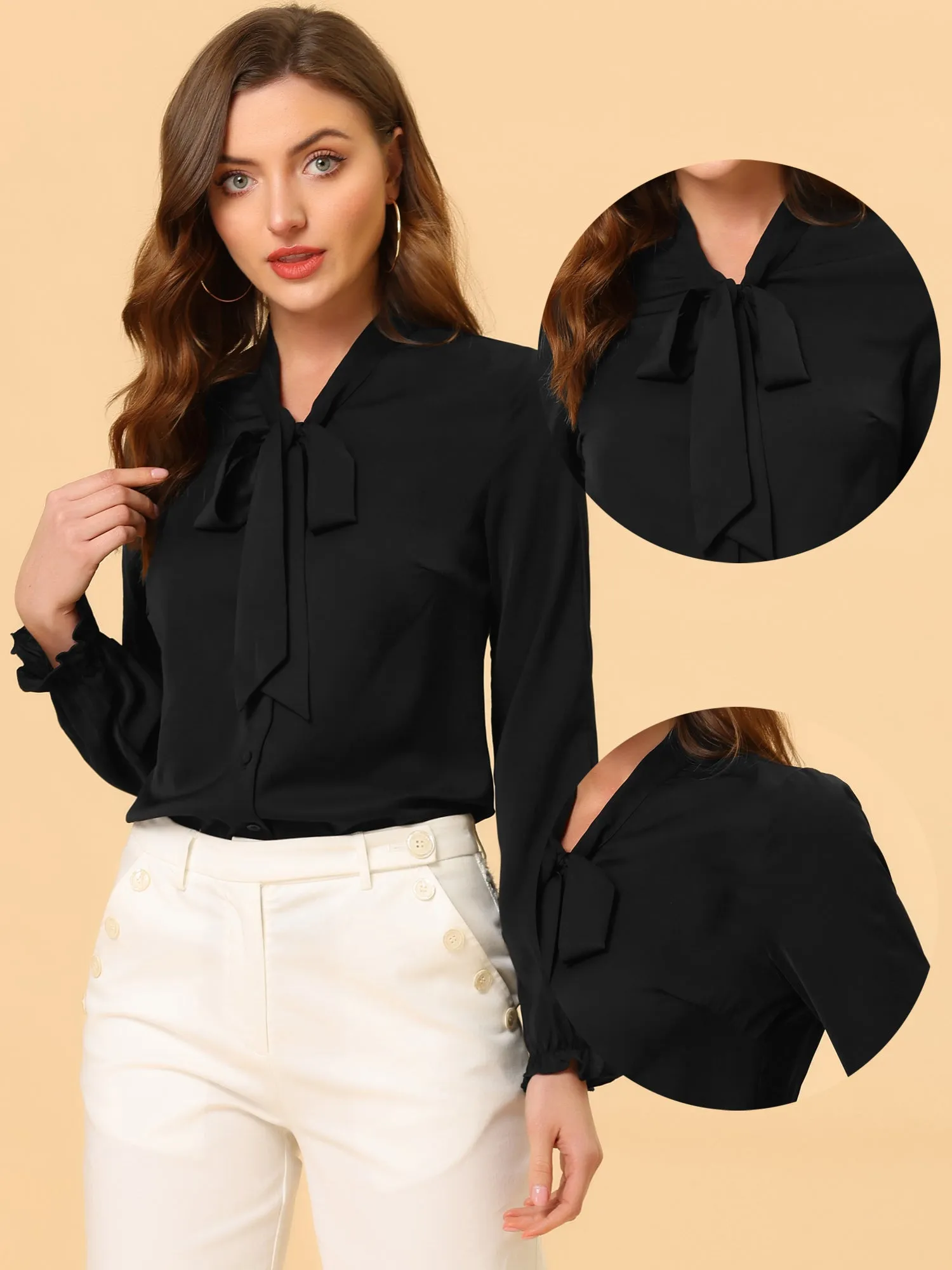 Work Blouse Elegant Bow Tie Neck Long Sleeve Shirt Top