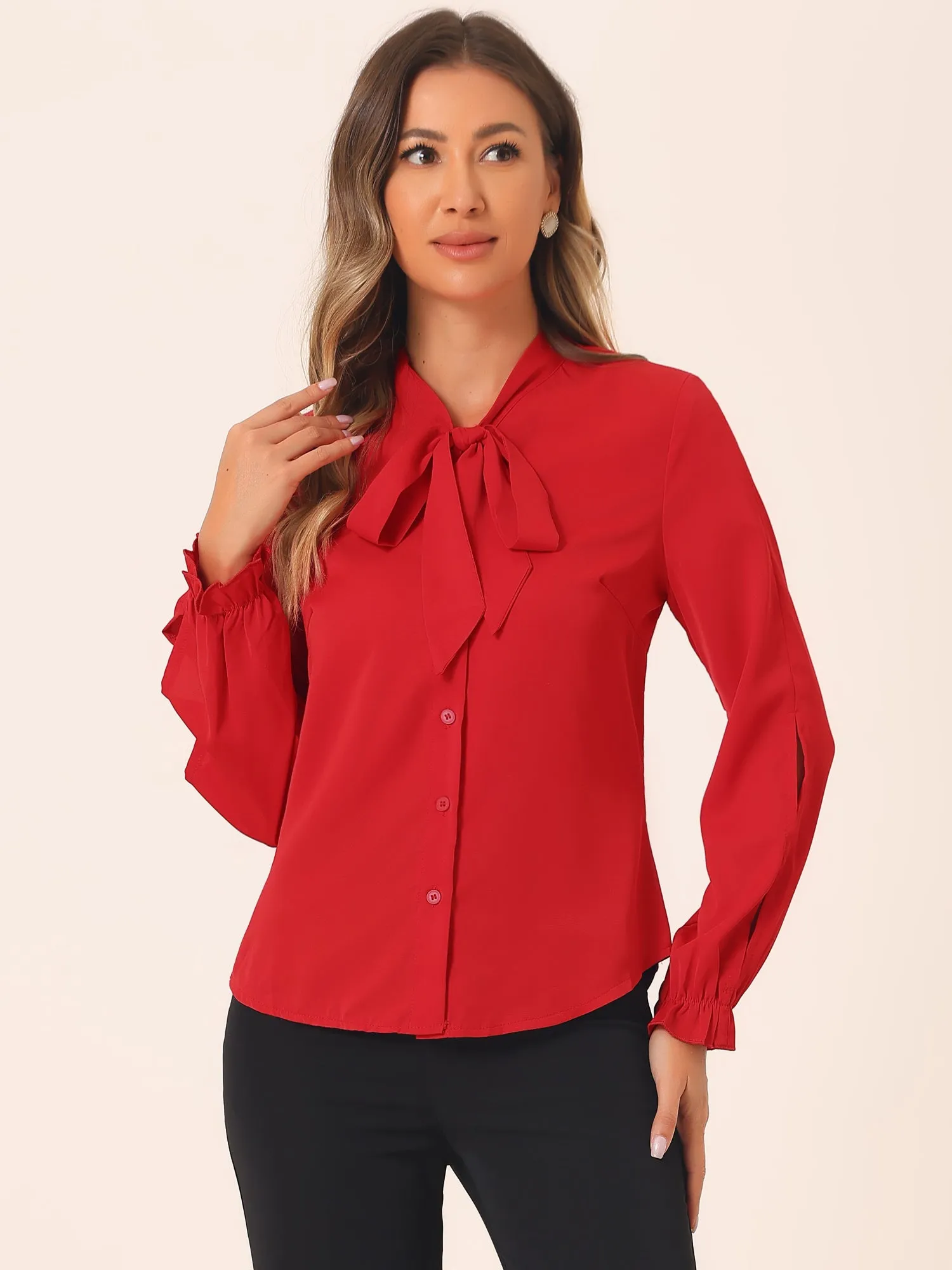 Work Blouse Elegant Bow Tie Neck Long Sleeve Shirt Top