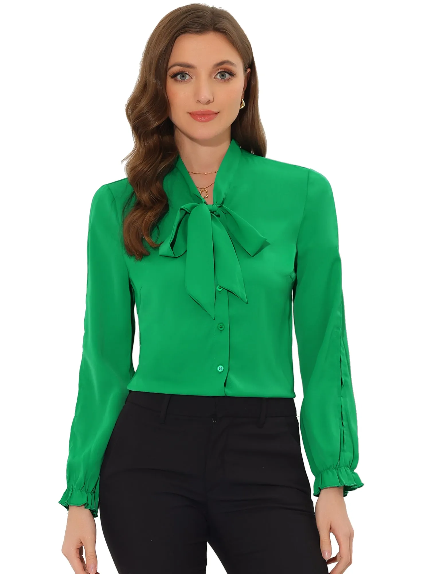 Work Blouse Elegant Bow Tie Neck Long Sleeve Shirt Top