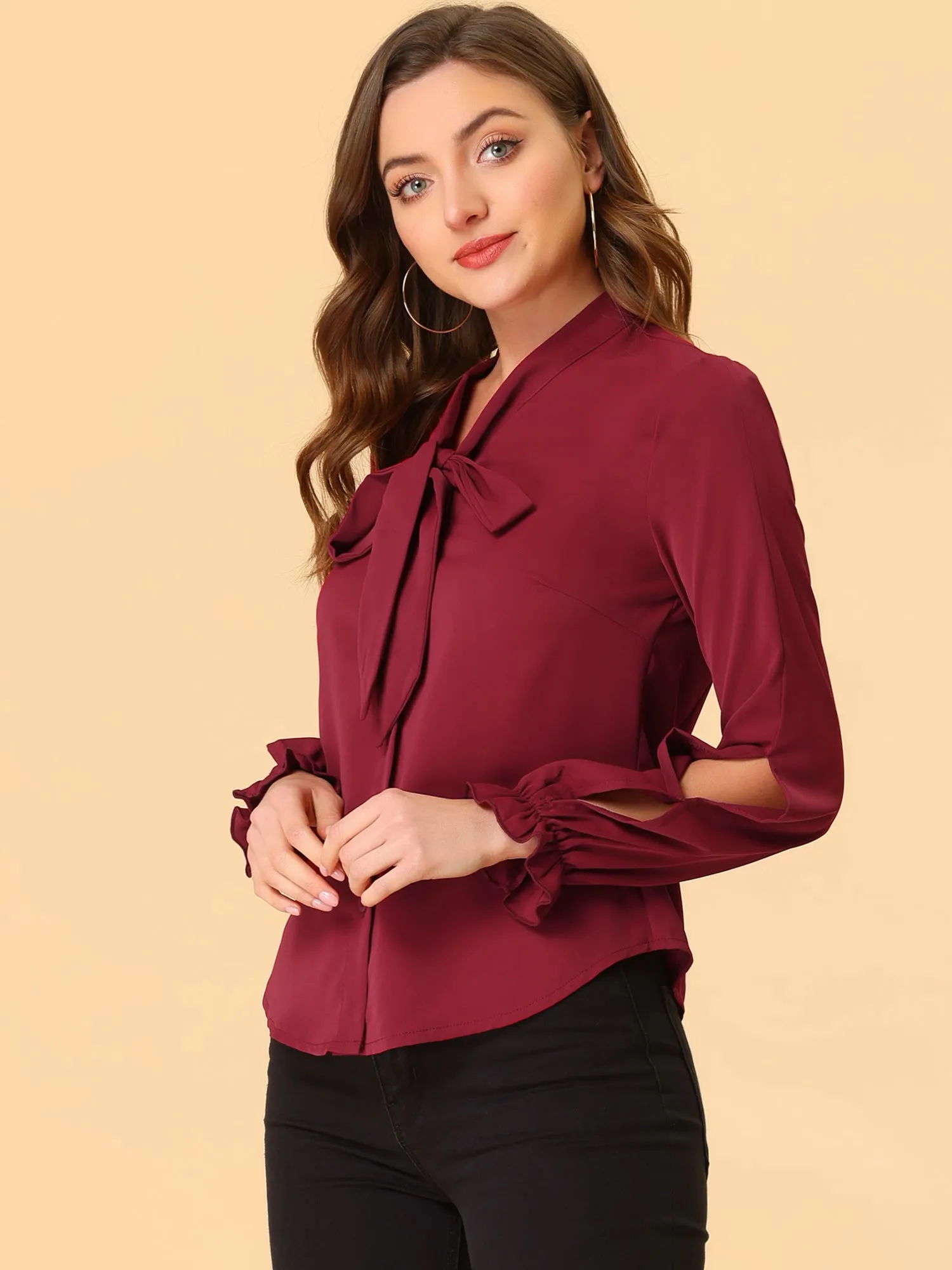 Work Blouse Elegant Bow Tie Neck Long Sleeve Shirt Top