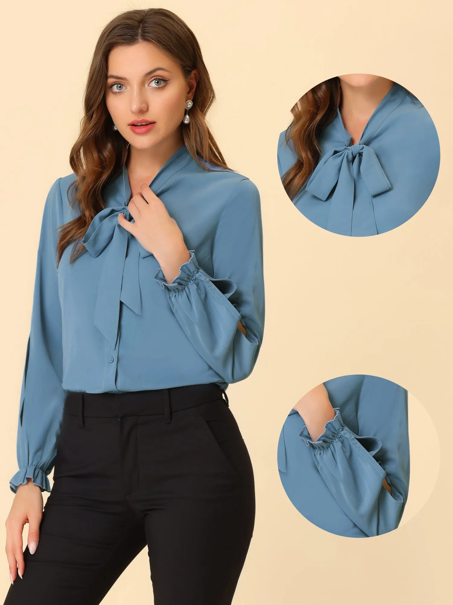 Work Blouse Elegant Bow Tie Neck Long Sleeve Shirt Top