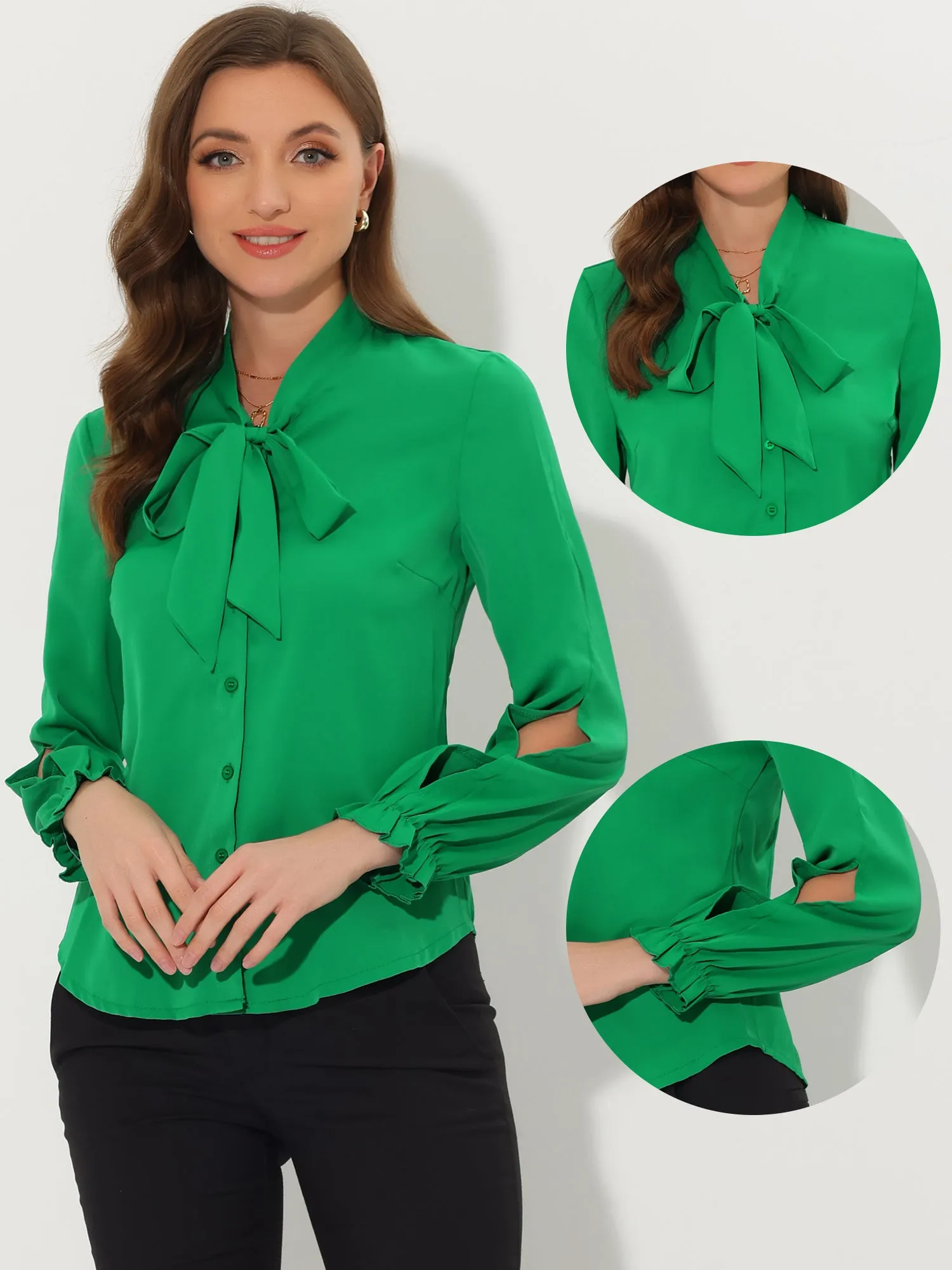 Work Blouse Elegant Bow Tie Neck Long Sleeve Shirt Top