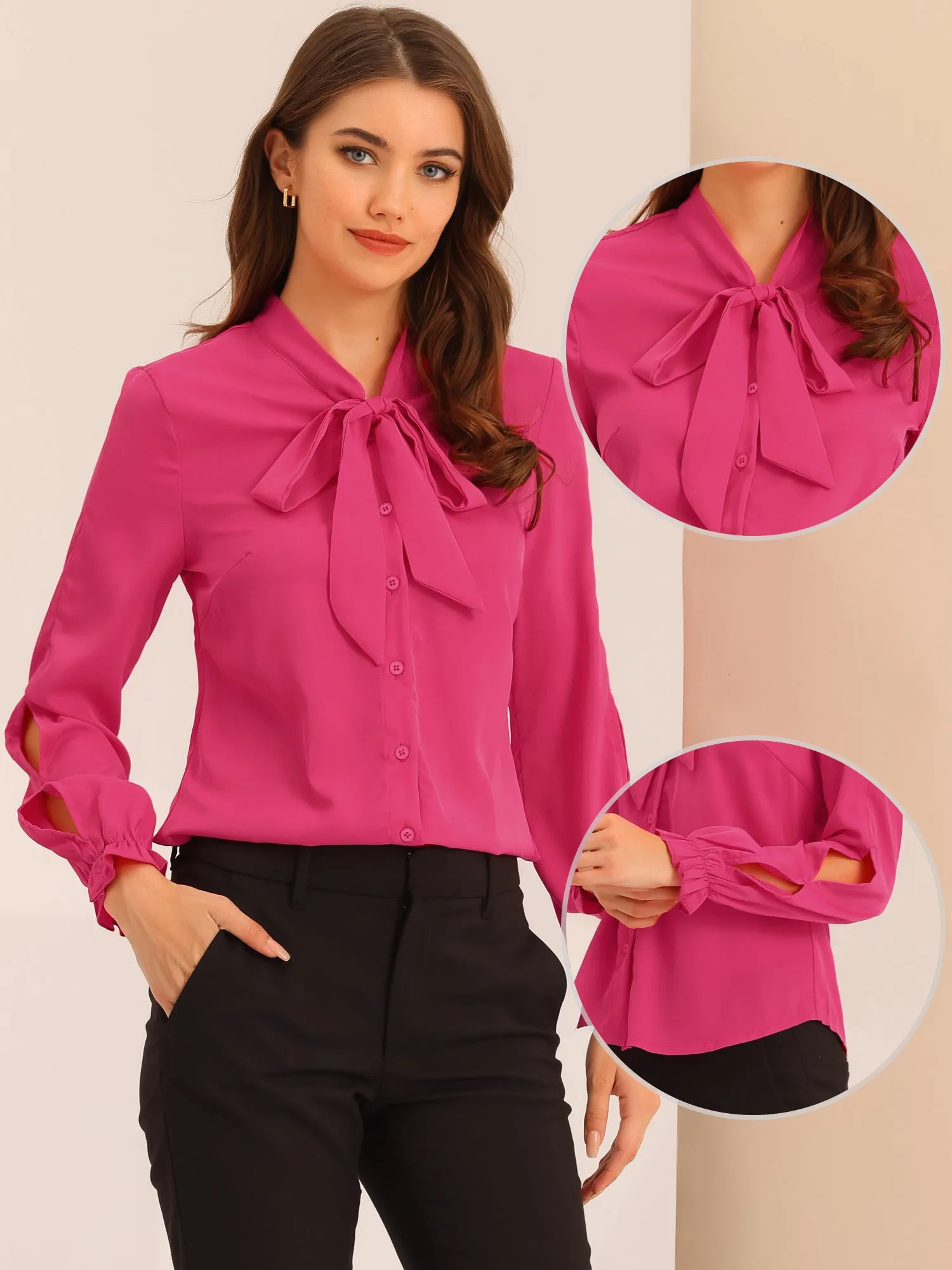 Work Blouse Elegant Bow Tie Neck Long Sleeve Shirt Top
