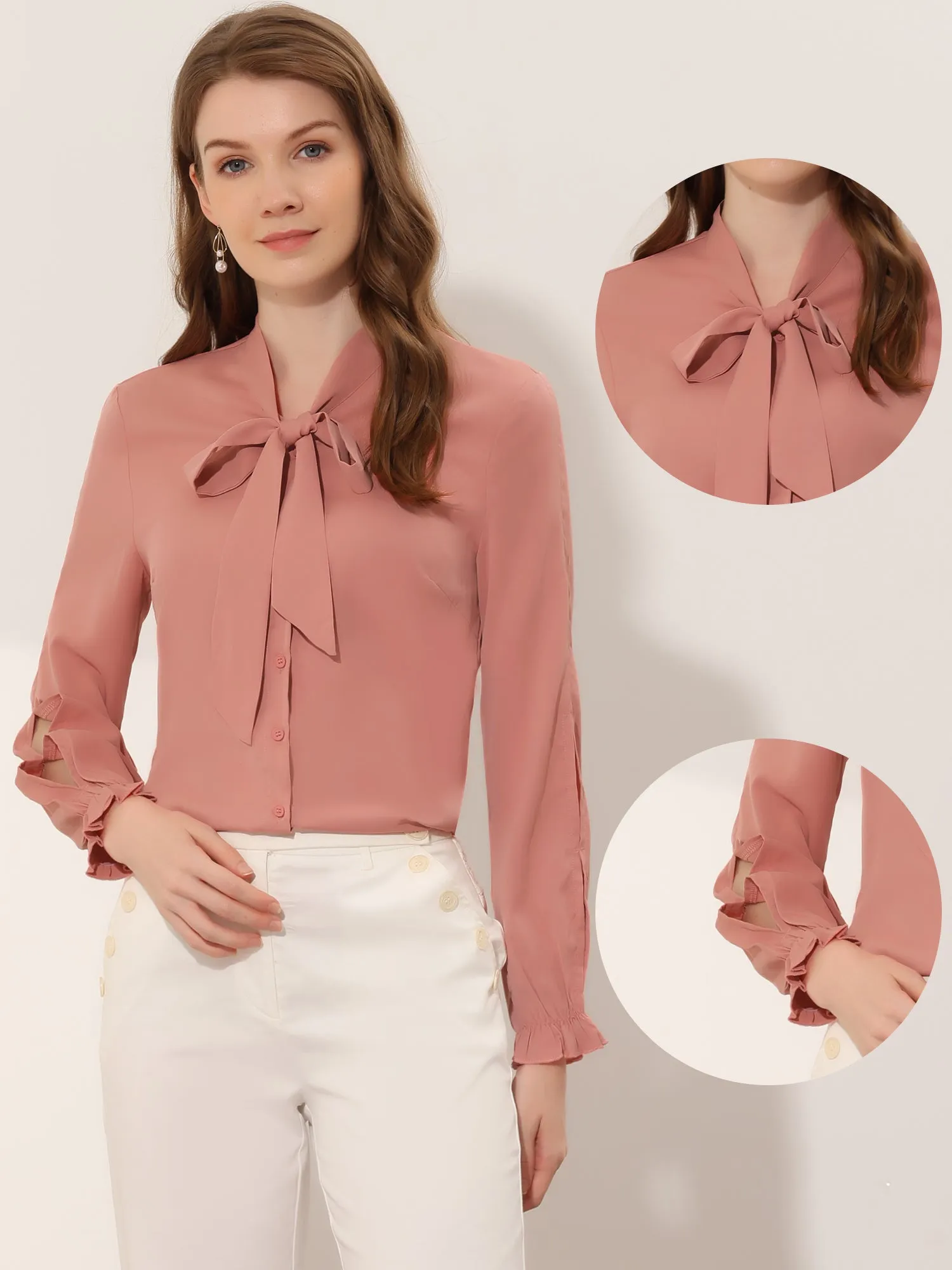 Work Blouse Elegant Bow Tie Neck Long Sleeve Shirt Top