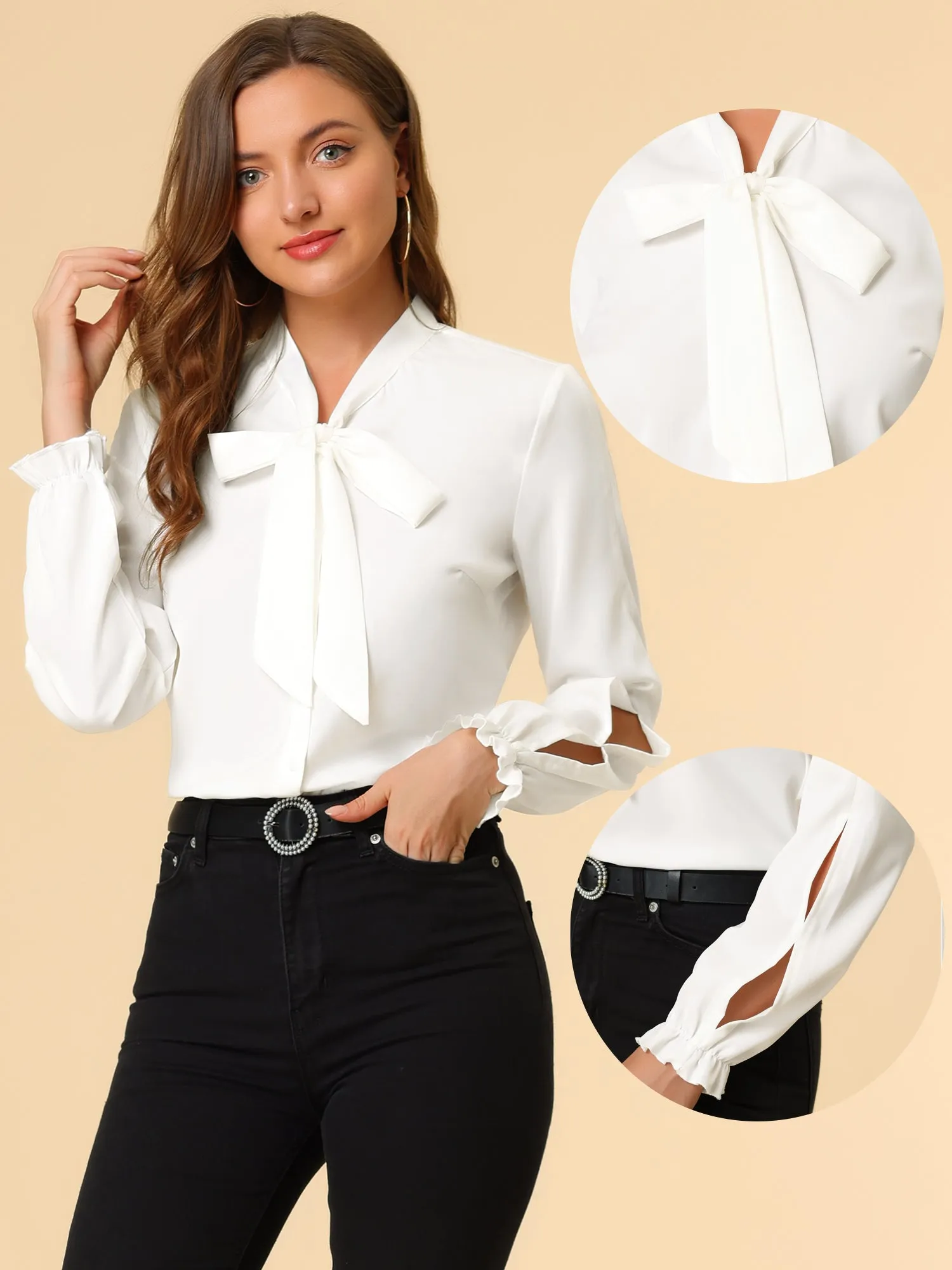 Work Blouse Elegant Bow Tie Neck Long Sleeve Shirt Top