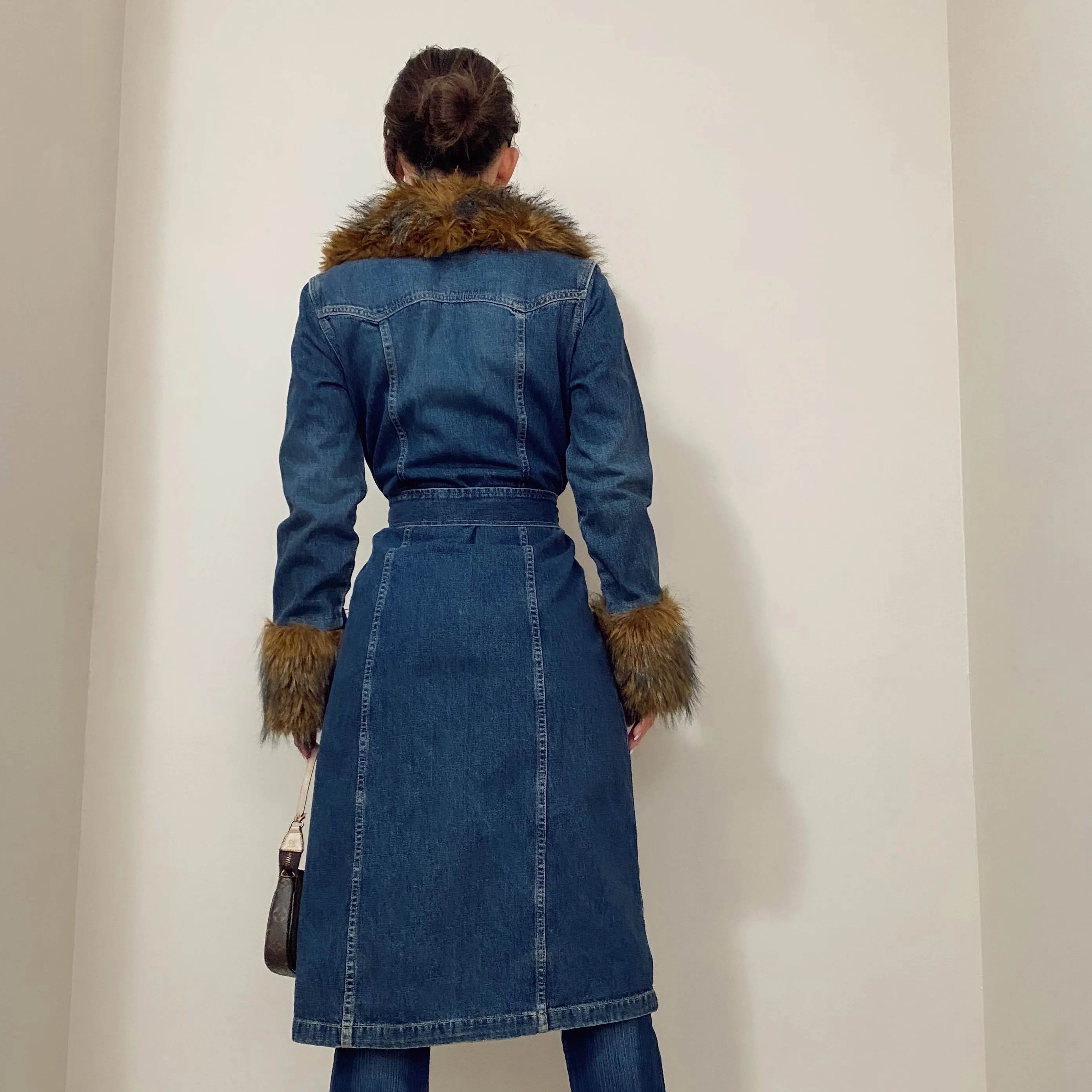 Y2K Guess Denim and Faux Fur Trench Coat